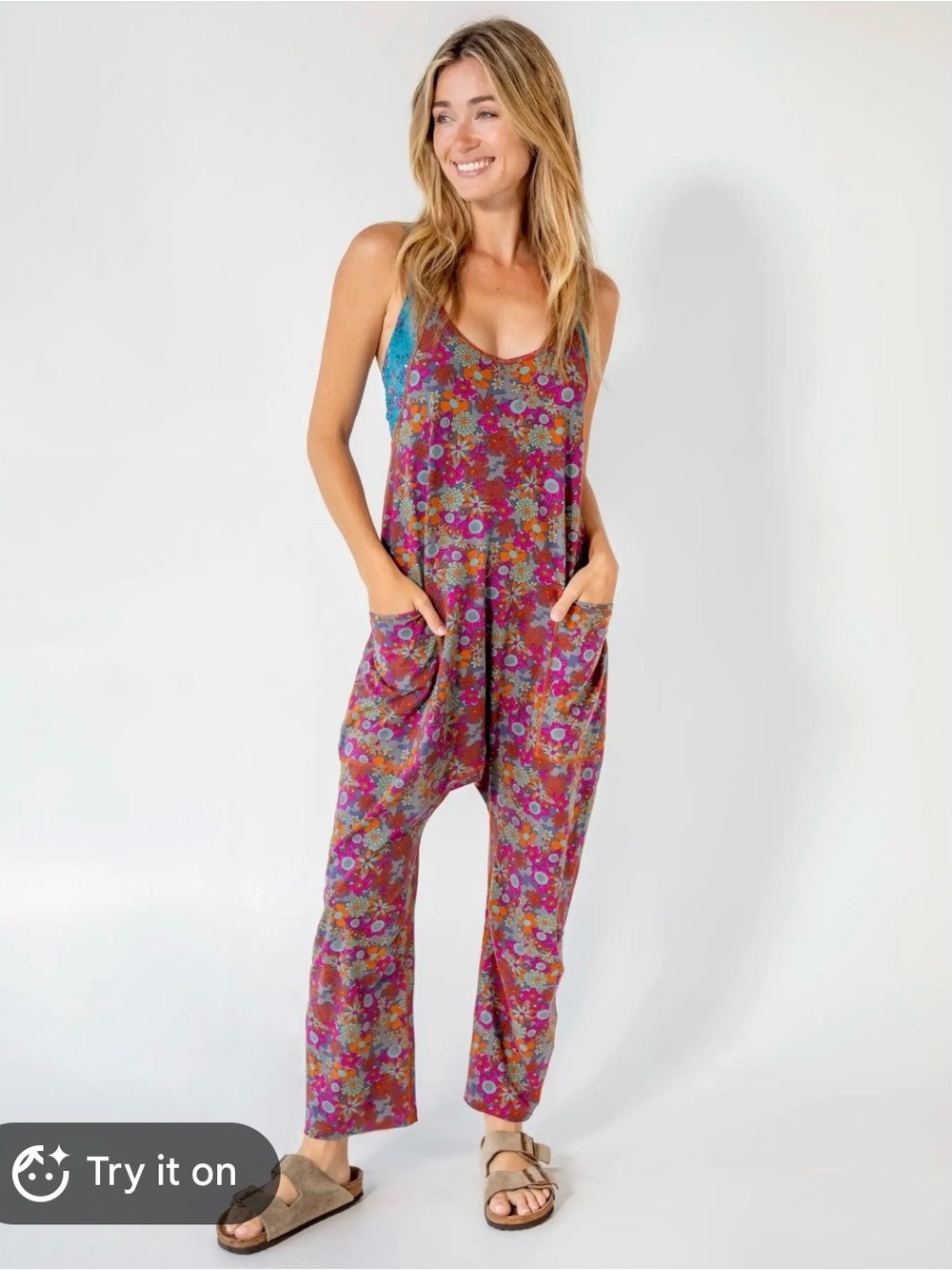 Natural Life Lucy jumpsuit floral pockets boho hippie size M